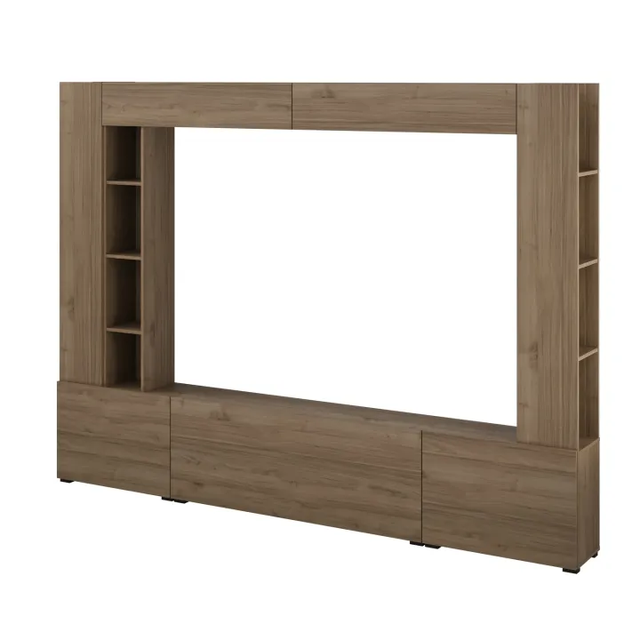 Parete attrezzata 261x194h cm 5 ante a ribalta e libreria 3 ripiani noce Arkansas