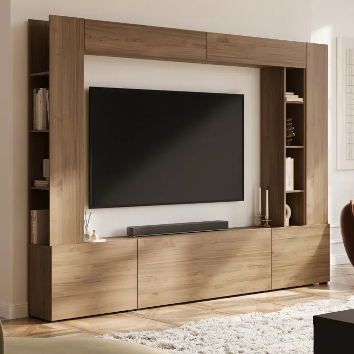 Parete attrezzata 261x194h cm 5 ante a ribalta e libreria 3 ripiani noce Arkansas