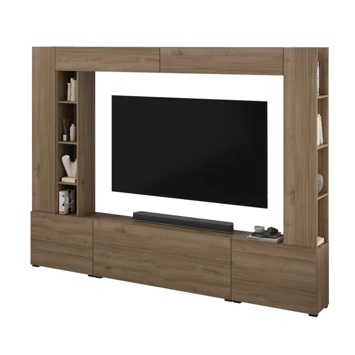 Parete attrezzata 261x194h cm 5 ante a ribalta e libreria 3 ripiani noce Arkansas