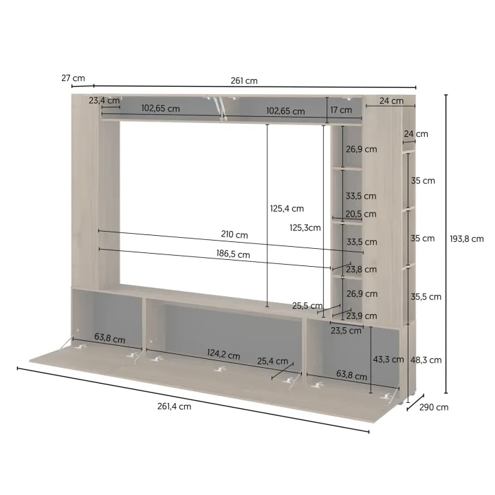 Parete attrezzata 261x194h cm 5 ante a ribalta e libreria 3 ripiani noce Arkansas