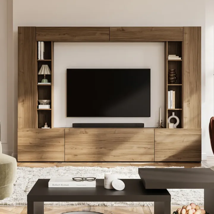 Parete attrezzata 261x194h cm 5 ante a ribalta e 2 librerie a 3 ripiani noce Arkansas