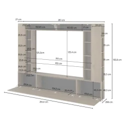 Parete attrezzata 261x194h cm 5 ante a ribalta e 2 librerie a 3 ripiani noce Arkansas