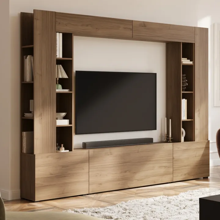 Parete attrezzata 261x194h cm 5 ante a ribalta e 2 librerie a 3 ripiani noce Arkansas