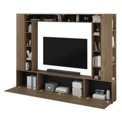 Parete attrezzata 261x194h cm 5 ante a ribalta e 2 librerie a 3 ripiani noce Arkansas