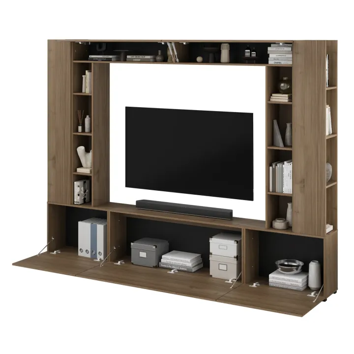 Parete attrezzata 261x194h cm 5 ante a ribalta e 2 librerie a 3 ripiani noce Arkansas