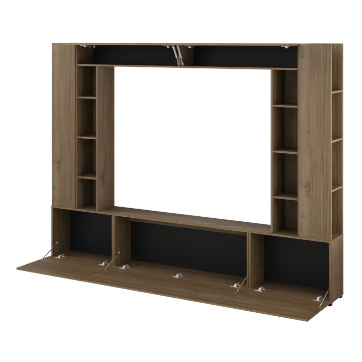 Parete attrezzata 261x194h cm 5 ante a ribalta e 2 librerie a 3 ripiani noce Arkansas