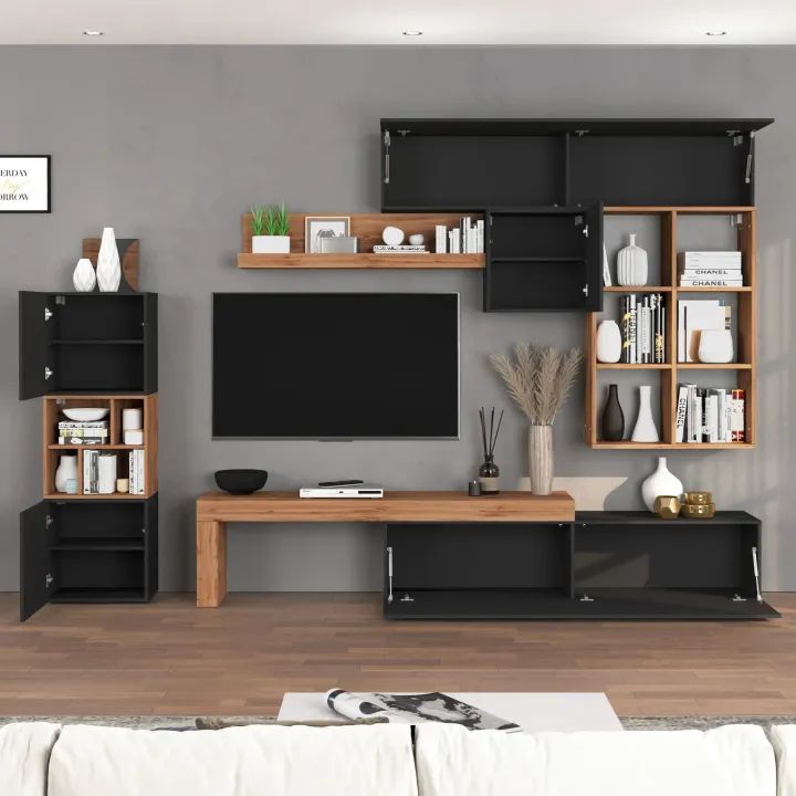 Parete attrezzata 350x200h cm antracite rovere Block 3