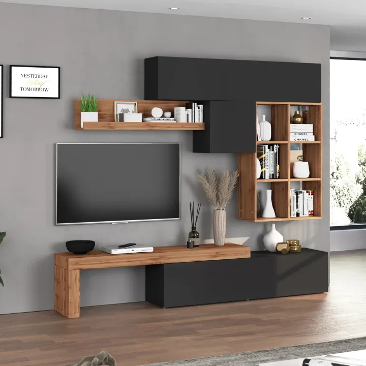 Parete attrezzata 270x200h cm antracite rovere Block 4