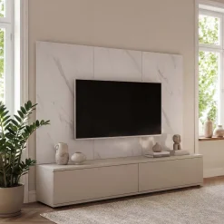 Parete attrezzata 180x155h cm beige cashmere pannello bianco effetto marmo Paula