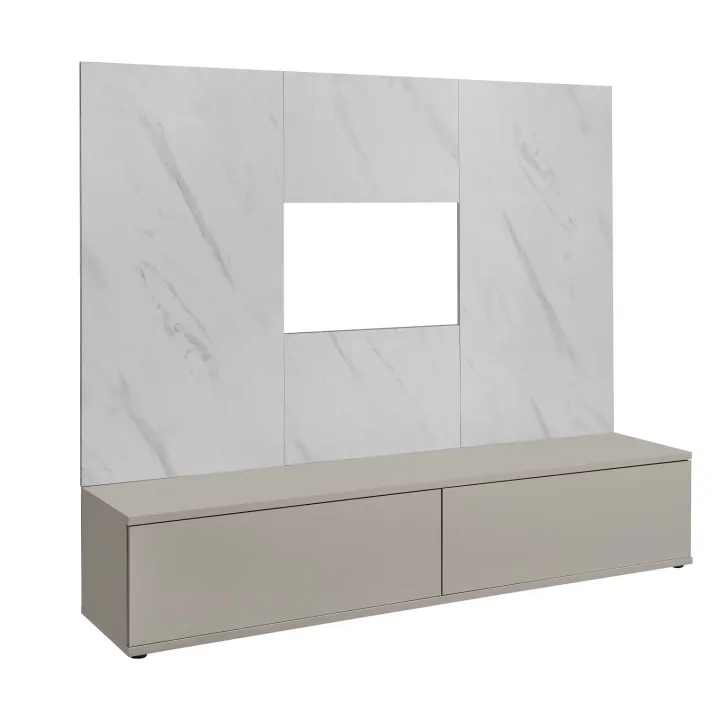Parete attrezzata 180x155h cm beige cashmere pannello bianco effetto marmo Paula