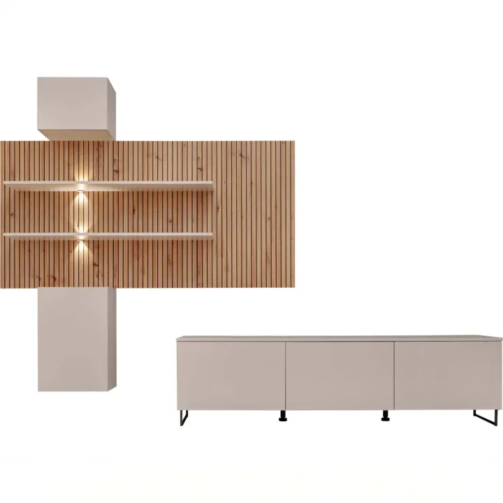 Parete attrezzata 280x200h cm beige cashmere rovere con stampa nera Barcellona