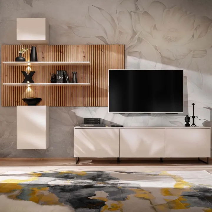 Parete attrezzata 280x200h cm beige cashmere rovere con stampa nera Barcellona