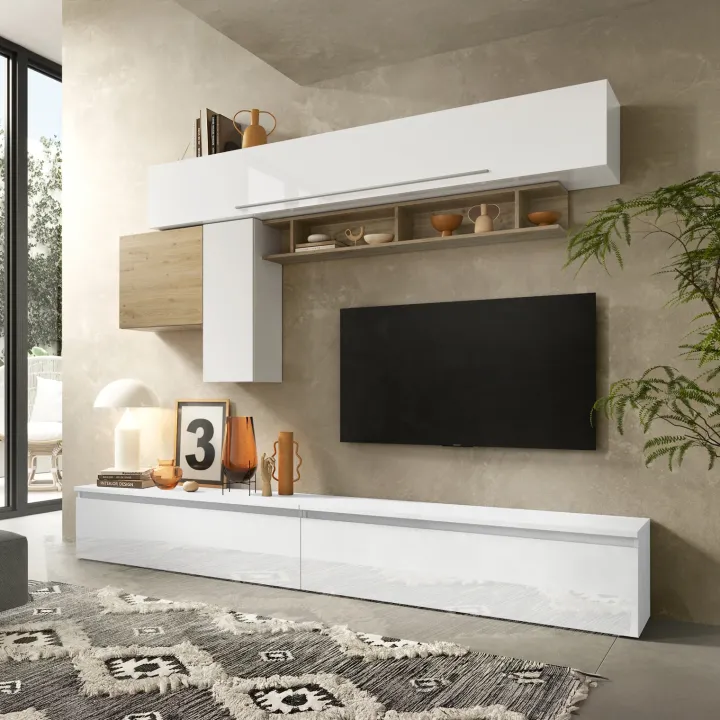 Parete attrezzata 276x187h cm bianco lucido rovere chiaro Sunset 17