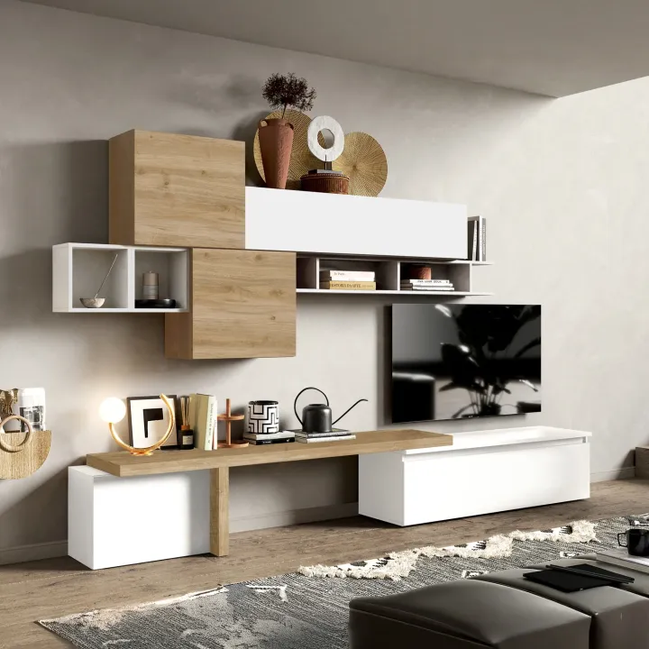 Parete attrezzata 330x195h cm bianco lucido rovere chiaro Sunset 28
