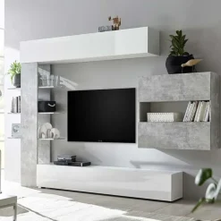 Parete attrezzata 285x187h cm bianco lucido e opaco cemento Steppi 2