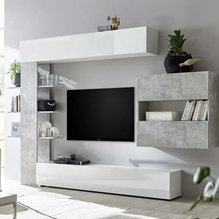 Parete attrezzata 285x187h cm bianco lucido e opaco cemento Steppi 2