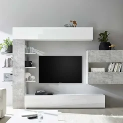 Parete attrezzata 285x187h cm bianco lucido e opaco cemento Steppi 2