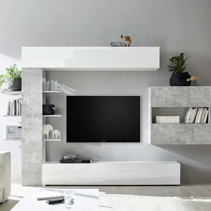 Parete attrezzata 285x187h cm bianco lucido e opaco cemento Steppi 2
