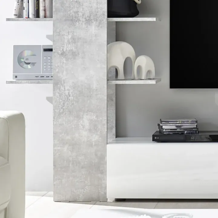 Parete attrezzata 285x187h cm bianco lucido e opaco cemento Steppi 2