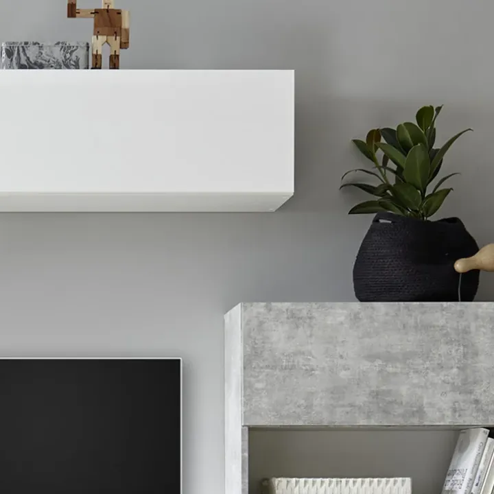 Parete attrezzata 285x187h cm bianco lucido e opaco cemento Steppi 2
