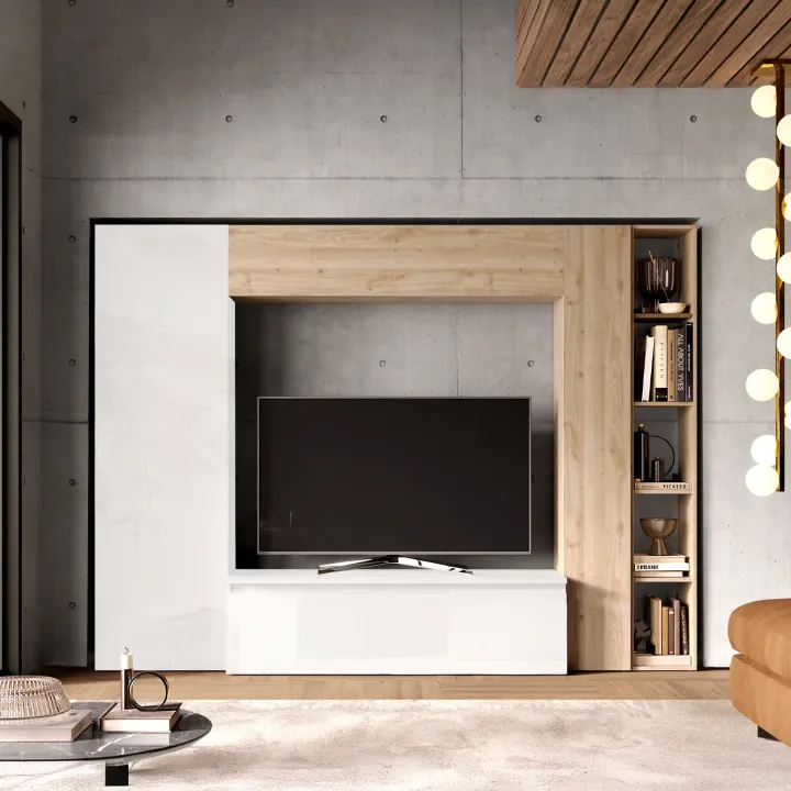 Parete attrezzata 249x186h cm bianco lucido rovere chiaro Sunset 9