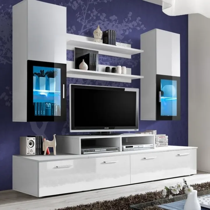 Parete attrezzata 200x225h cm bianco lucido con vetrinetta nero Orlando Gihome®