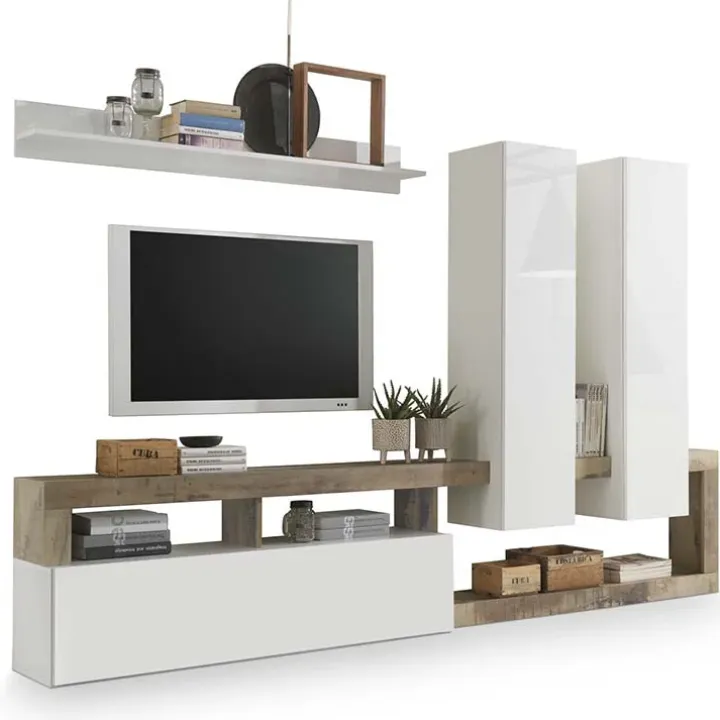 Parete attrezzata 277x200h cm bianco lucido pero soggiorno Invictus