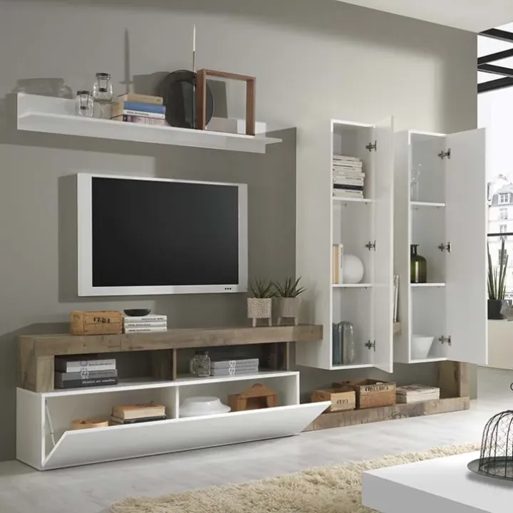 Parete attrezzata 277x200h cm bianco lucido pero soggiorno Invictus