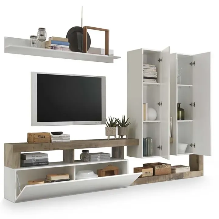 Parete attrezzata 277x200h cm bianco lucido pero soggiorno Invictus