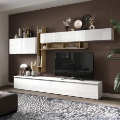 Parete attrezzata 336x210h cm bianco lucido rovere chiaro Sunset 32