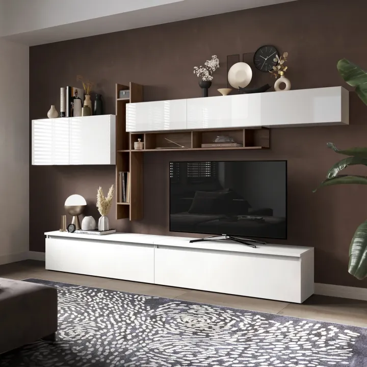 Parete attrezzata 336x200h cm bianco lucido rovere scuro Sunset 32