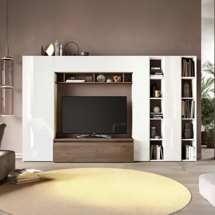 Parete attrezzata 305x186h cm bianco lucido rovere scuro Sunset 36
