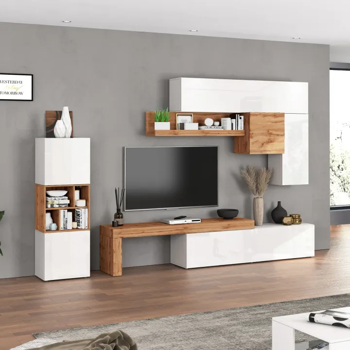 Parete attrezzata 350x200h cm bianco lucido rovere Block 1
