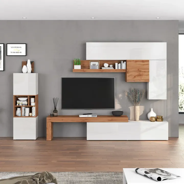 Parete attrezzata 350x200h cm bianco lucido rovere Block 1