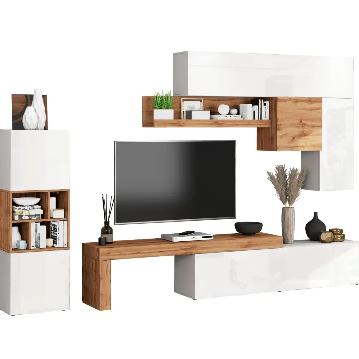 Parete attrezzata 350x200h cm bianco lucido rovere Block 1