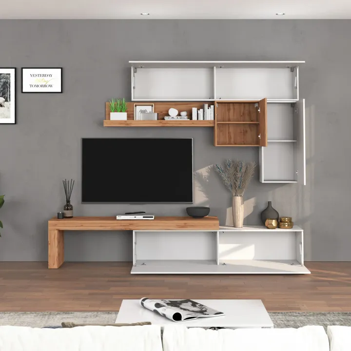 Parete attrezzata 270x200h cm bianco lucido rovere Block 2