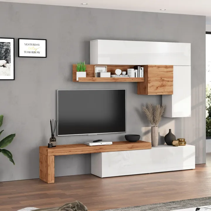 Parete attrezzata 270x200h cm bianco lucido rovere Block 2