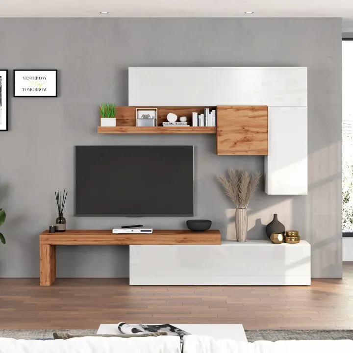 Parete attrezzata 270x200h cm bianco lucido rovere Block 2