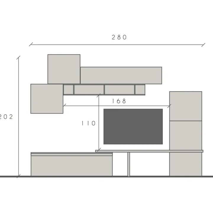 Parete attrezzata 280x202h cm bianco lucido grigio chiaro antracite Sunset 1037