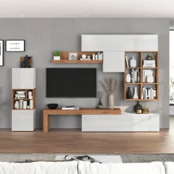 Parete attrezzata 350x200h cm bianco lucido rovere Block 3
