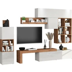 Parete attrezzata 350x200h cm bianco lucido rovere Block 3