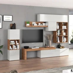 Parete attrezzata 350x200h cm bianco lucido rovere Block 3