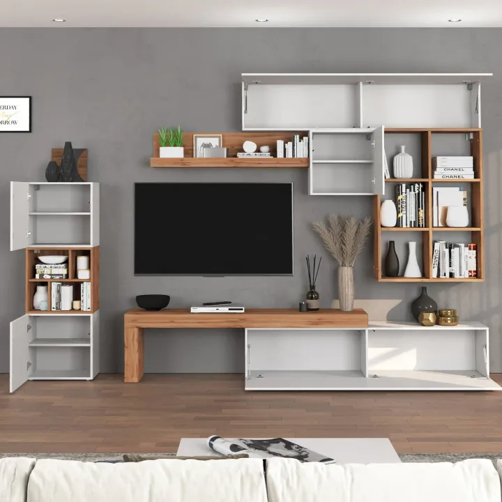 Parete attrezzata 350x200h cm bianco lucido rovere Block 3