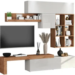 Parete attrezzata 270x200h cm bianco lucido rovere Block 4