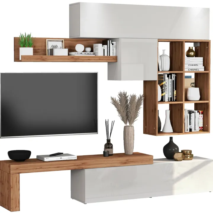 Parete attrezzata 270x200h cm bianco lucido rovere Block 4