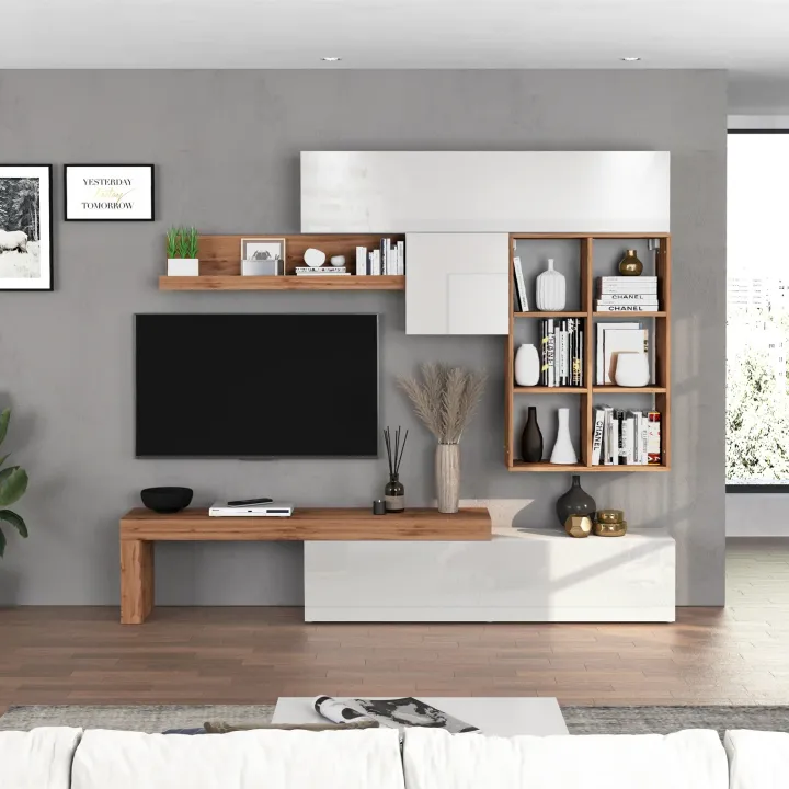 Parete attrezzata 270x200h cm bianco lucido rovere Block 4