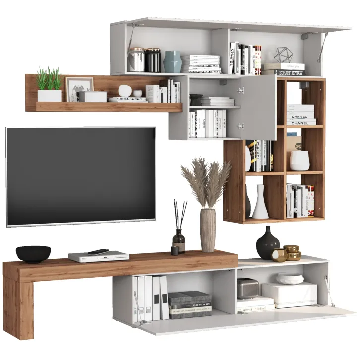 Parete attrezzata 270x200h cm bianco lucido rovere Block 4