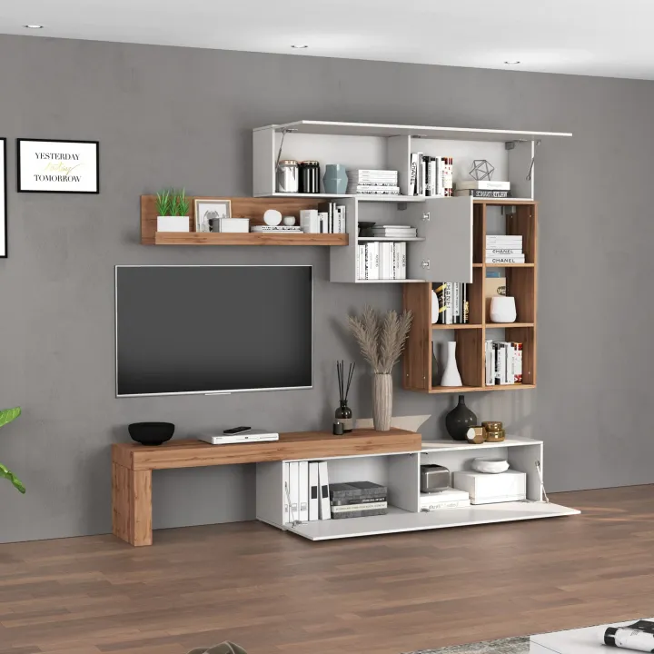 Parete attrezzata 270x200h cm bianco lucido rovere Block 4