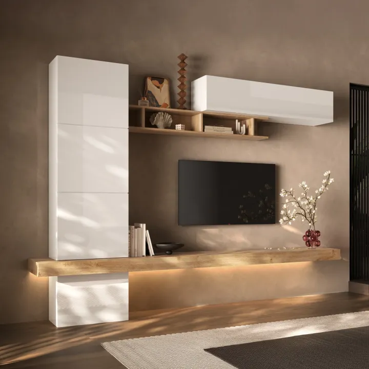 Parete attrezzata 276x200h cm bianco lucido rovere chiaro Sunset 1026