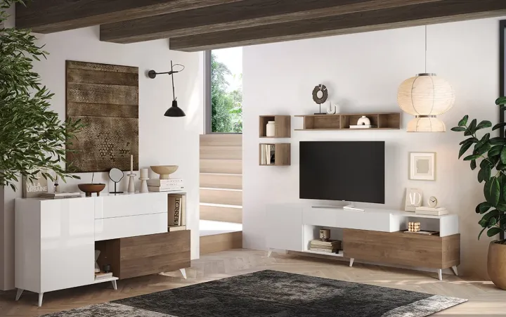 Parete attrezzata 241x176h cm bianco lucido rovere scuro Witty